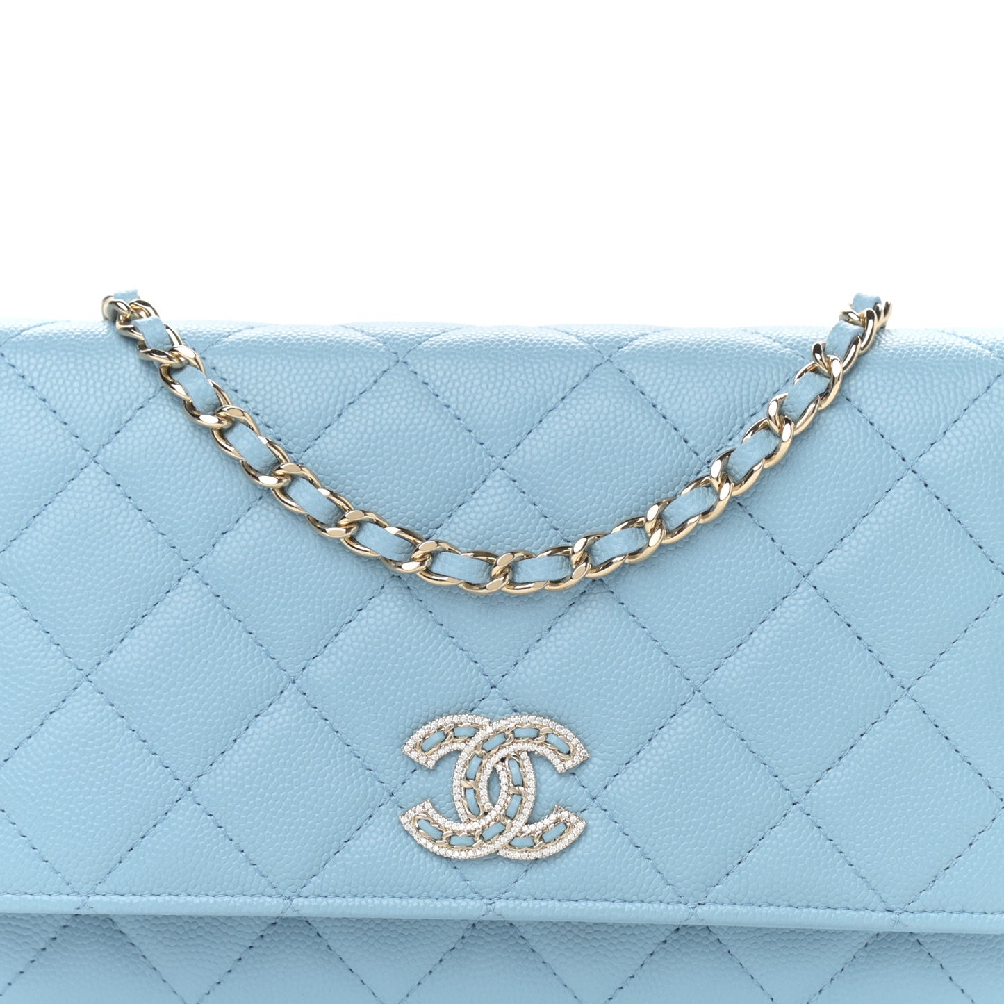 Caviar Quilted Crystal CC Wallet On Chain WOC Light Blue
