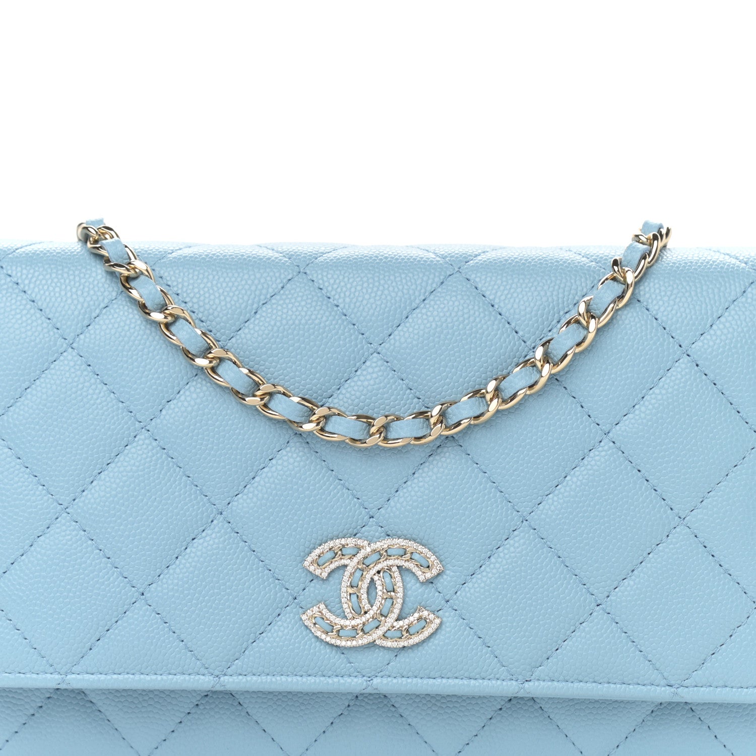 Chanel Caviar Quilted Crystal CC Wallet On Chain WOC Light Blue 9 of 13