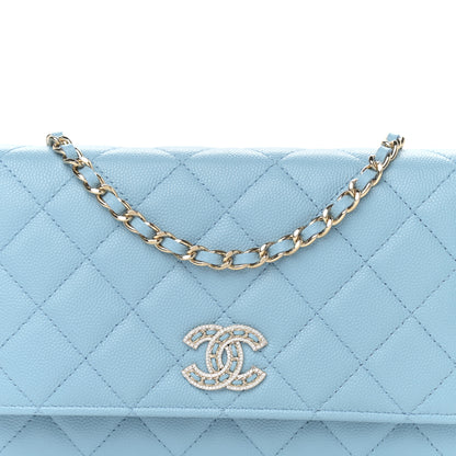 Chanel Caviar Quilted Crystal CC Wallet On Chain WOC Light Blue 9 of 13
