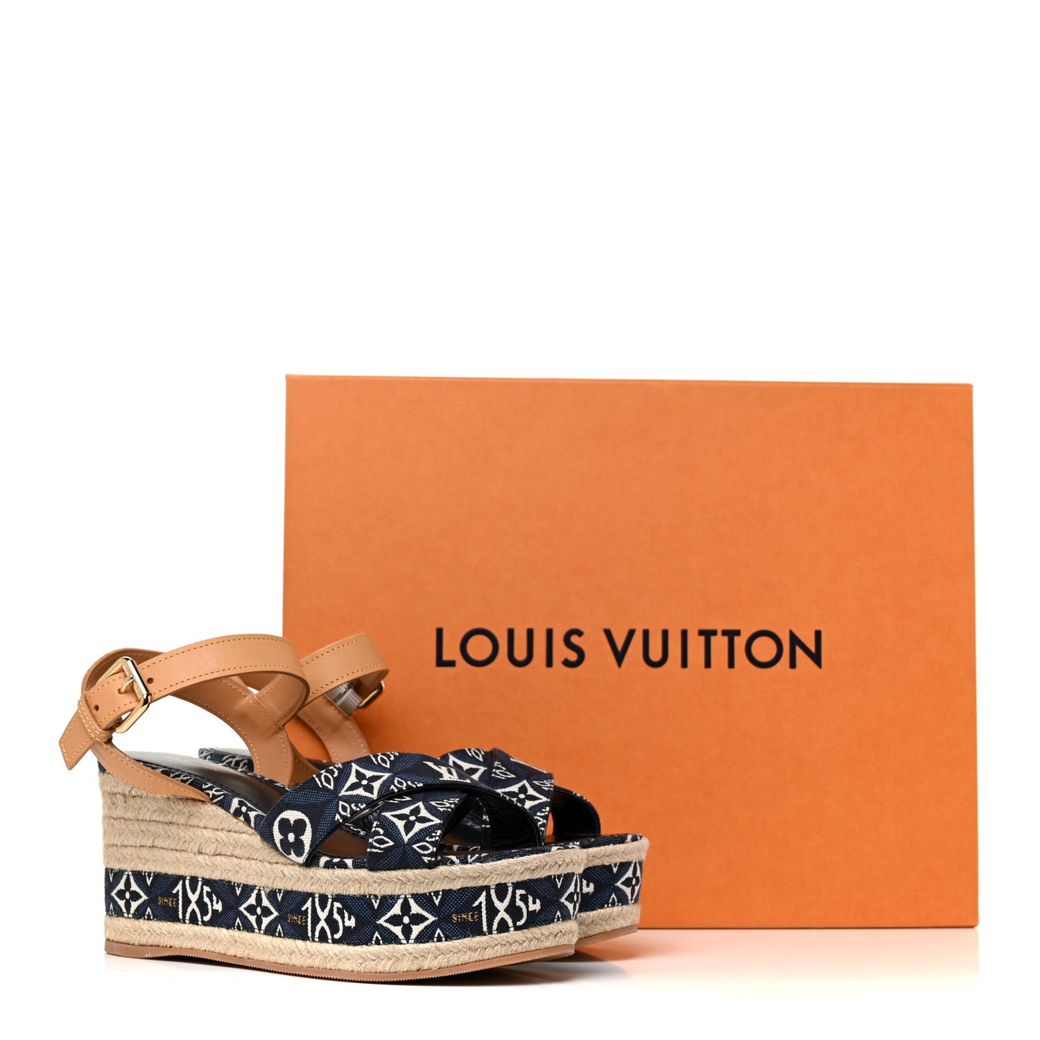 Louis Vuitton Jacquard Calfskin Since 1854 Boundary Wedge Sandals 37.5 Blue 7 of 7