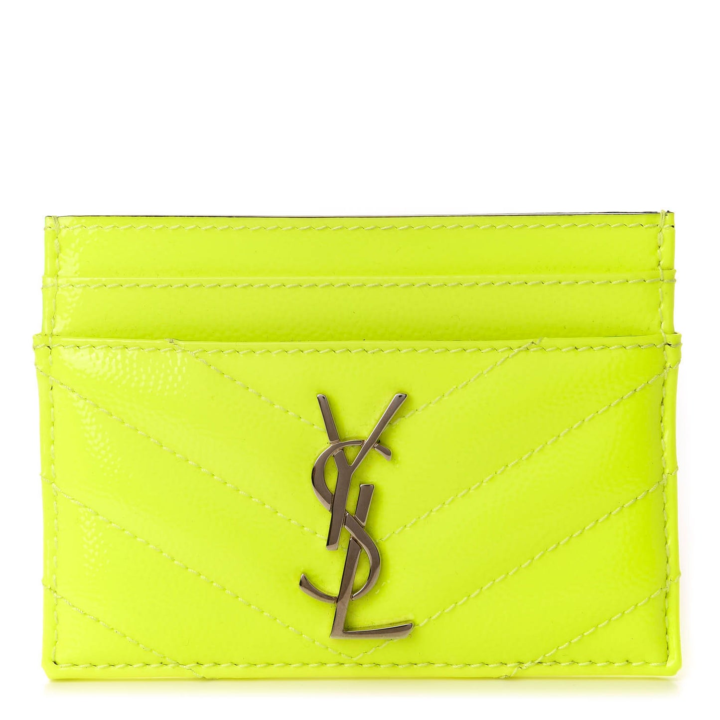 Patent Grain De Poudre Matelasse Chevron Monogram Credit Card Case Neon Yellow