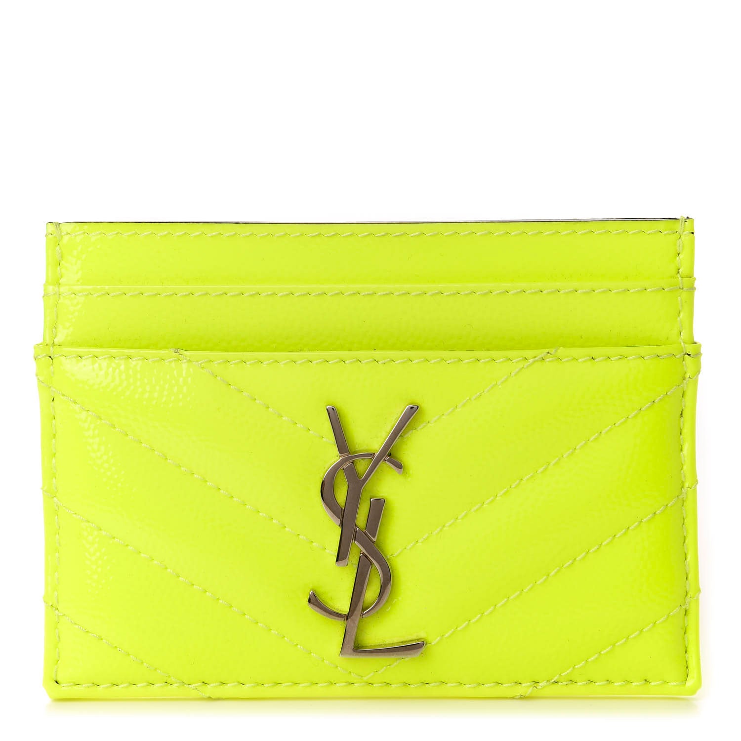 Saint Laurent Patent Grain De Poudre Matelasse Chevron Monogram Credit Card Case Neon Yellow 1 of 8