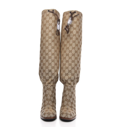 Gucci Monogram Malaga Kid Lisa Mid Heel Boots 35.5 Beige Ebony 2 of 8