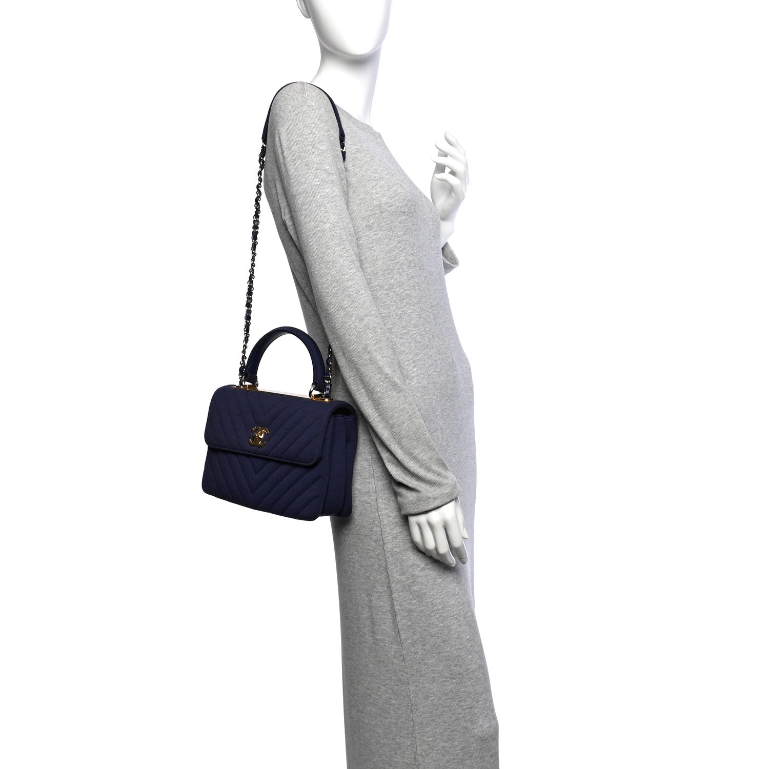 Chanel Jersey Chevron Quilted Small Trendy CC Dual Handle Flap Bag Navy Blue 2 of 11