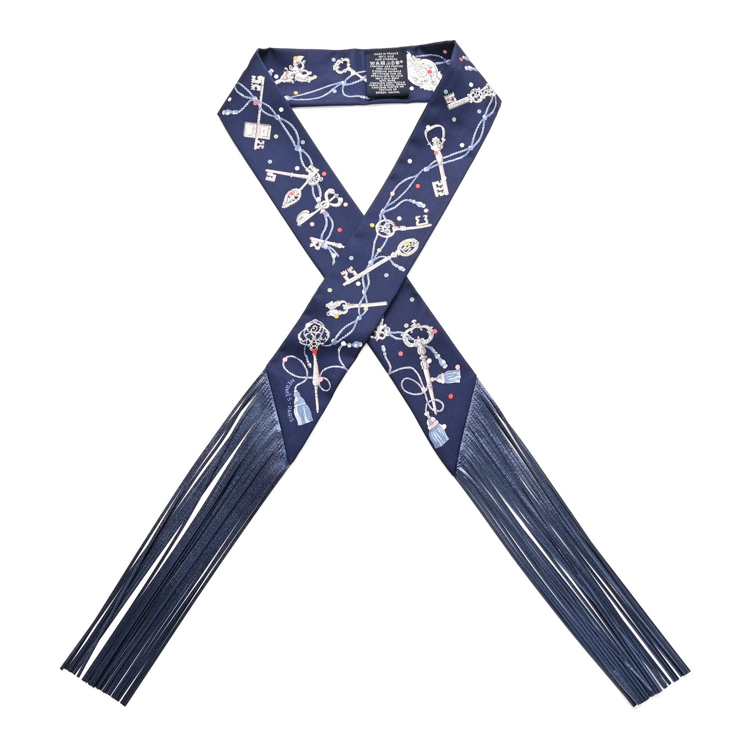 Hermes Silk Metallic Agneau Les Cles A Pois Fringed Twilly Bleu Marine Gris Argent Multicolor 1 of 4