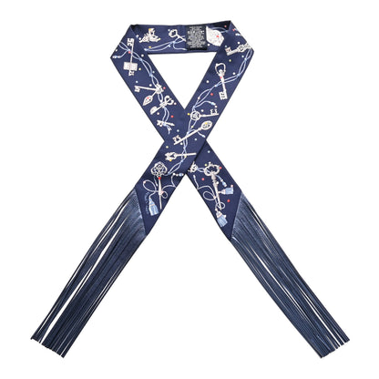Hermes Silk Metallic Agneau Les Cles A Pois Fringed Twilly Bleu Marine Gris Argent Multicolor 1 of 4