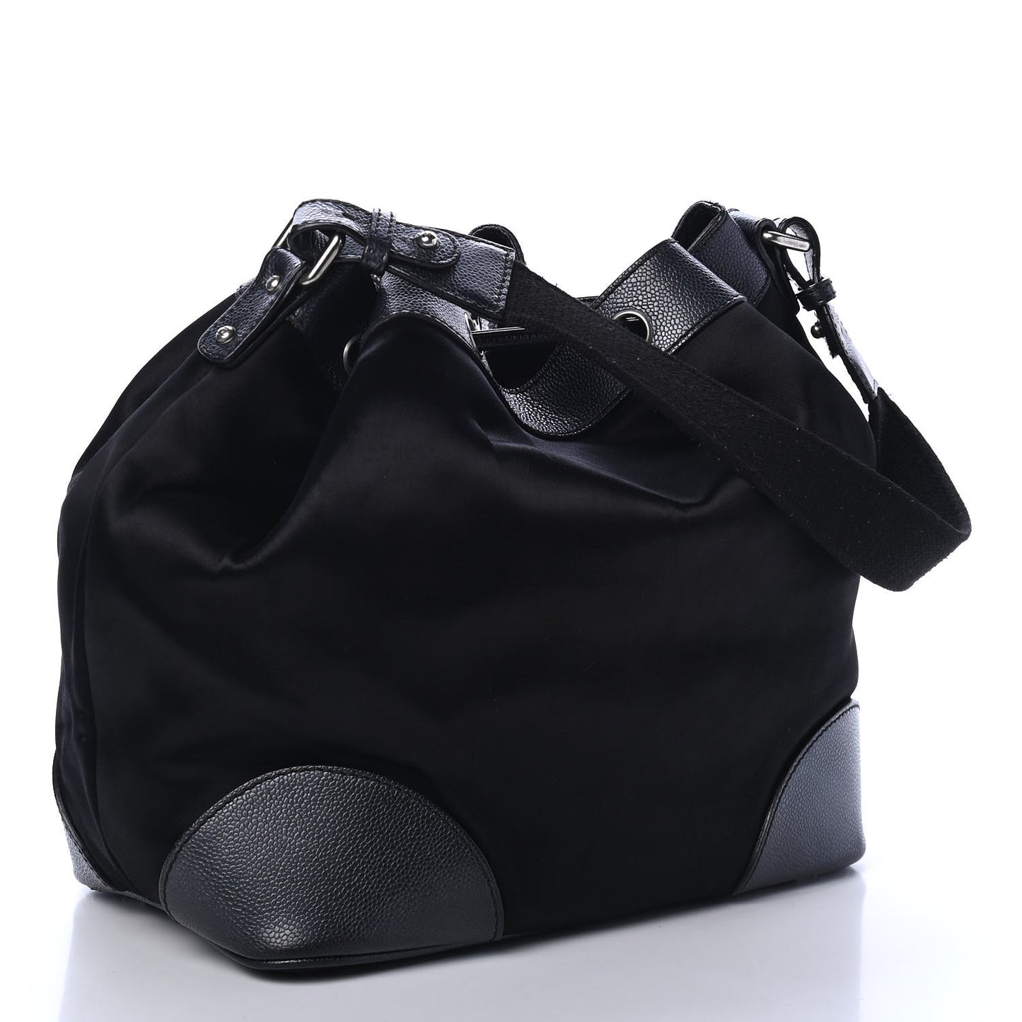 Satin Caviar CC Drawstring Bucket Bag Black