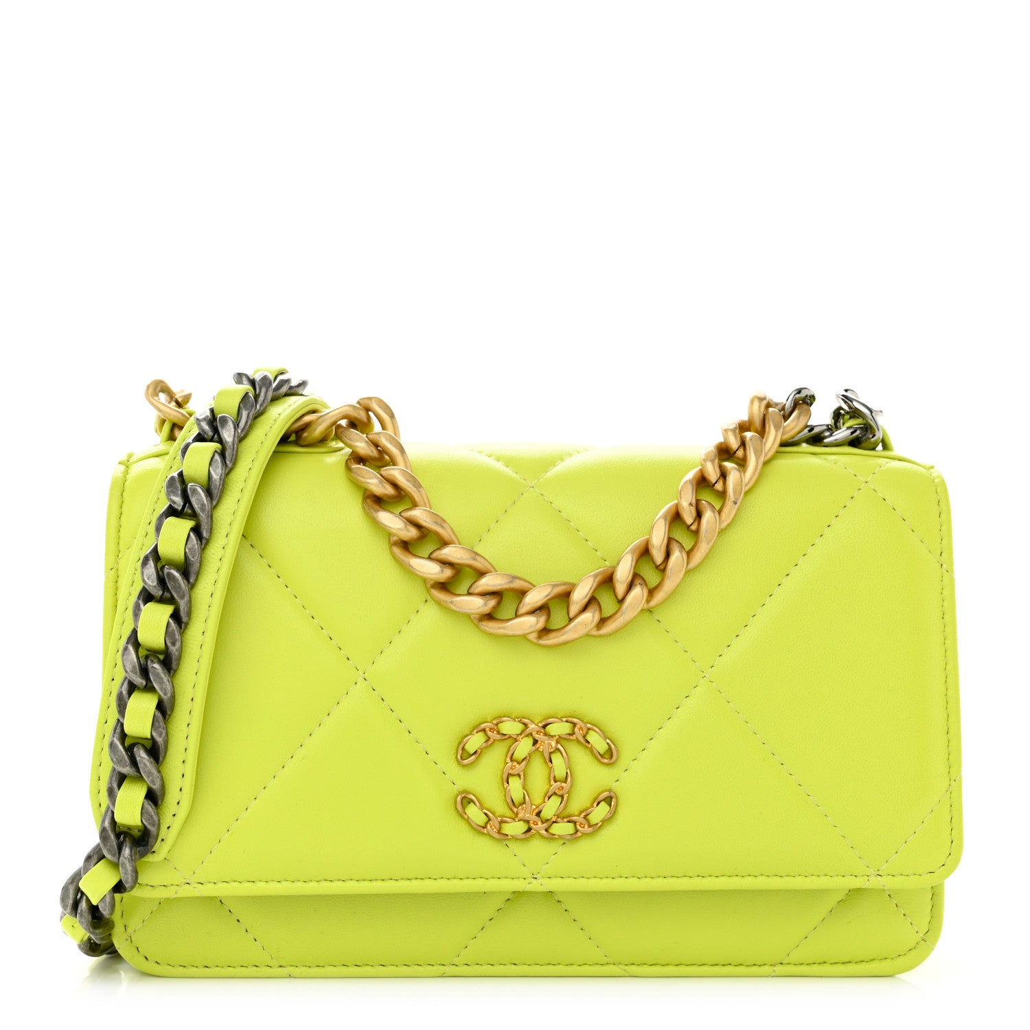 Chanel Shiny Lambskin Quilted Chanel 19 Wallet On Chain WOC Neon Yellow 1 of 14