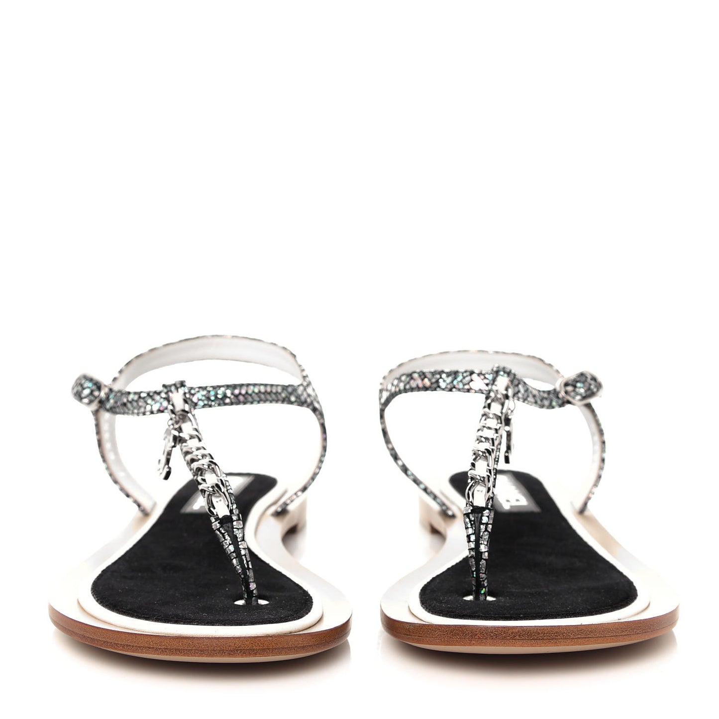 Goatskin Velvet Fantasy CC Chain Thong Sandals 38.5 Silver Ivory