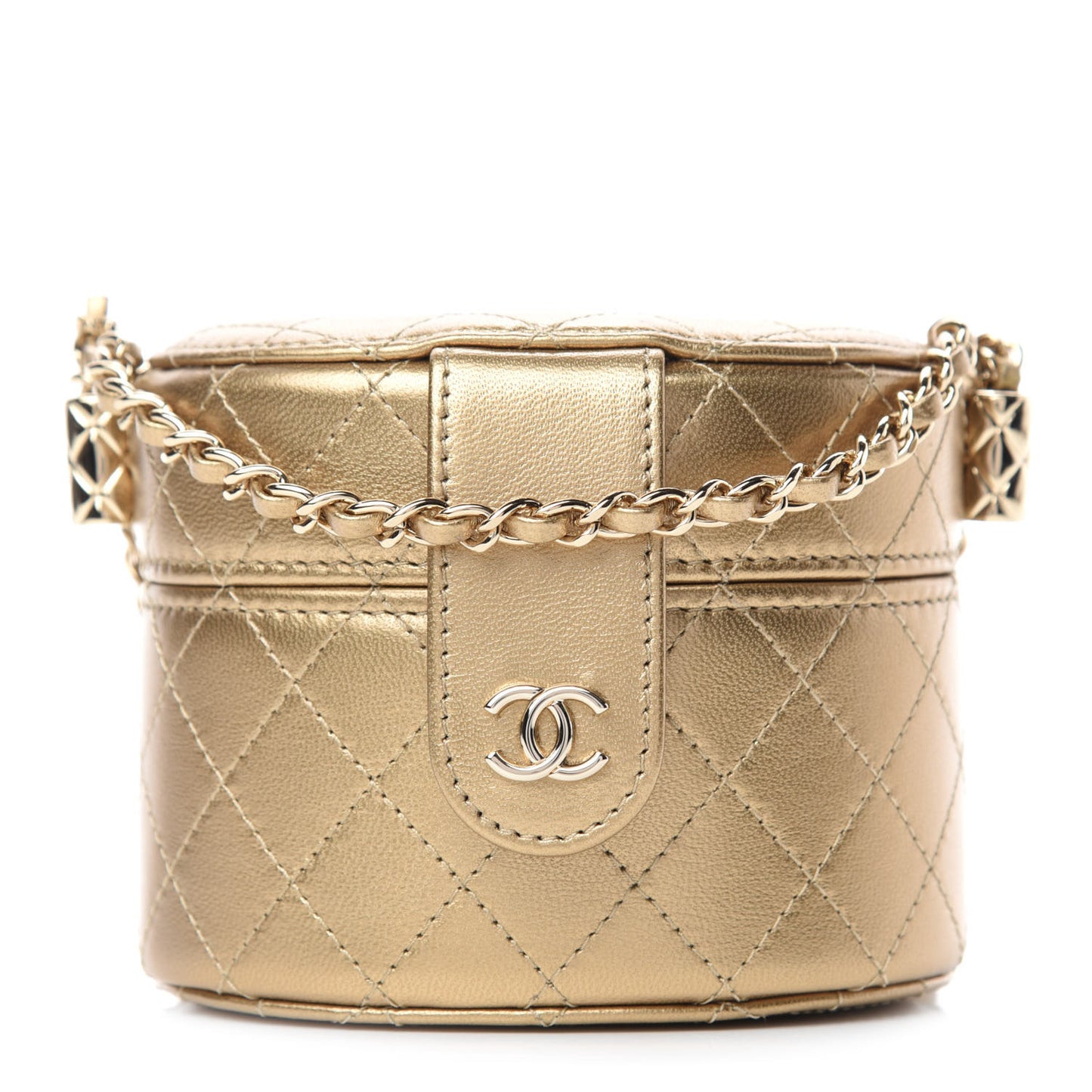 Metallic Lambskin Quilted Round Mini Vanity Case With Chain Gold
