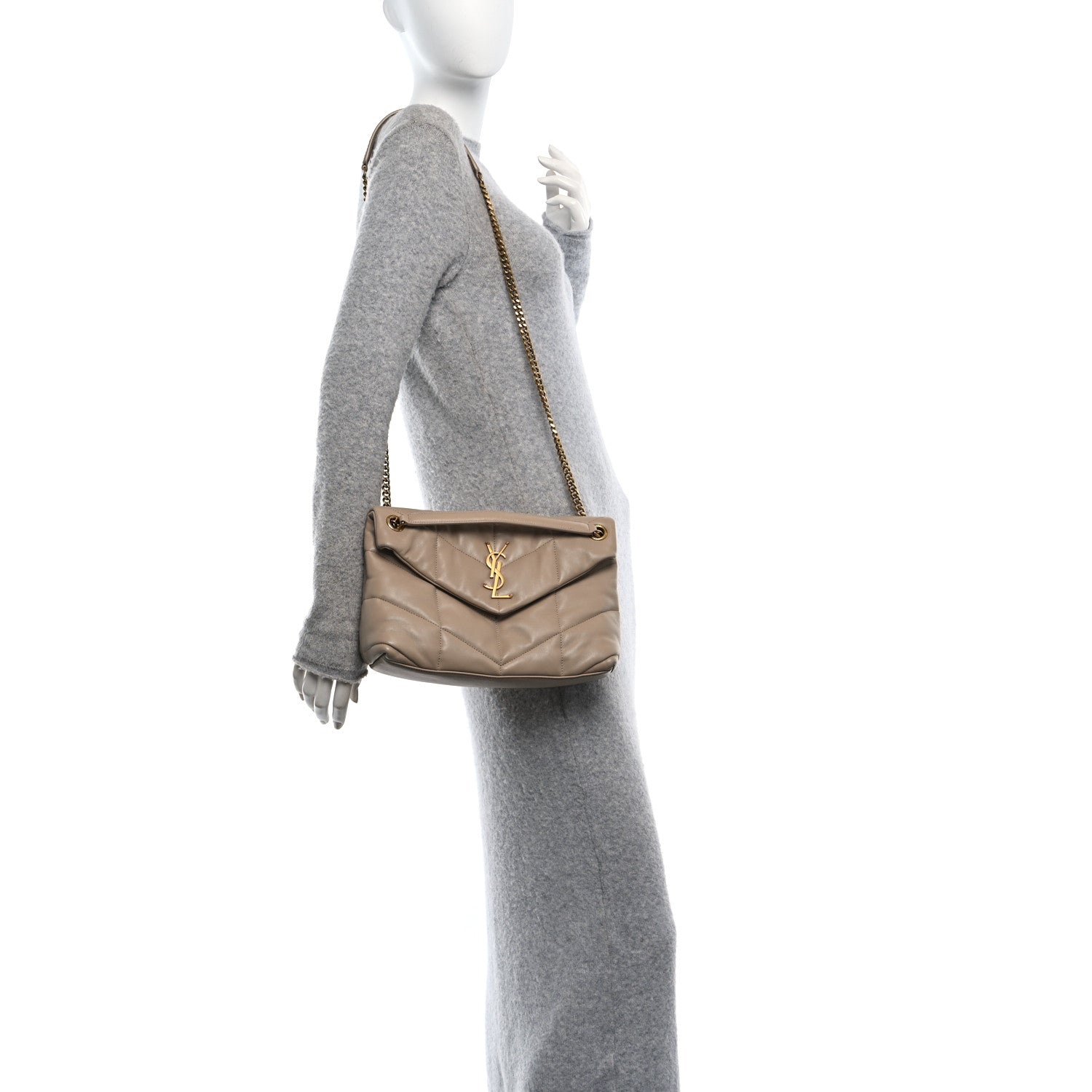 Saint Laurent Lambskin Quilted Small Loulou Puffer Monogram Chain Satchel Dark Beige 2 of 10