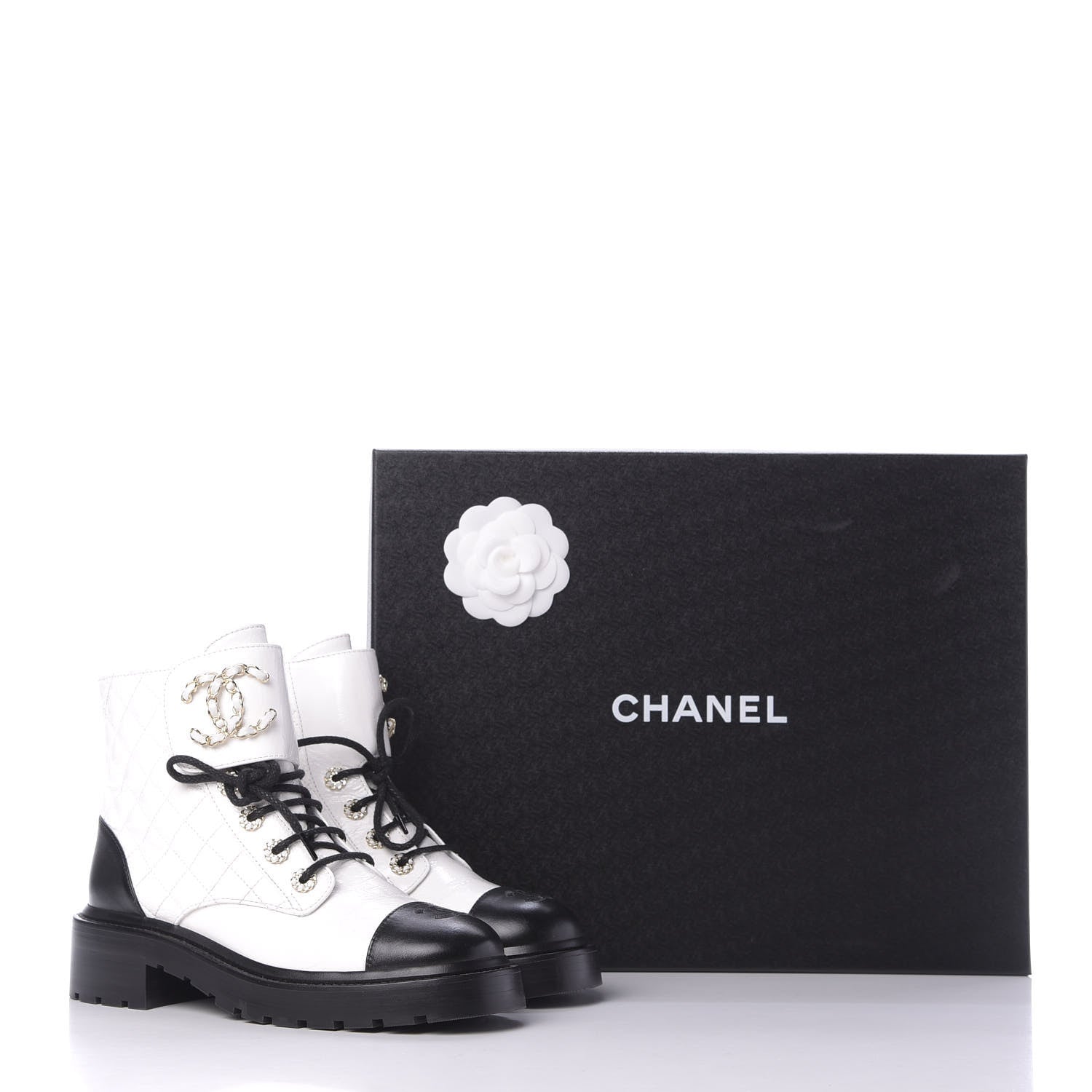 Chanel Shiny Goatskin Calfskin Quilted Lace Up Combat Boots 37.5 White Black 10 of 10