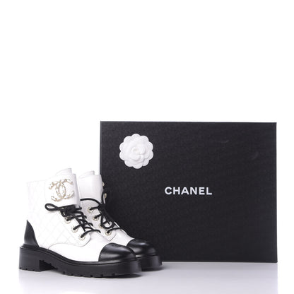 Chanel Shiny Goatskin Calfskin Quilted Lace Up Combat Boots 37.5 White Black 10 of 10