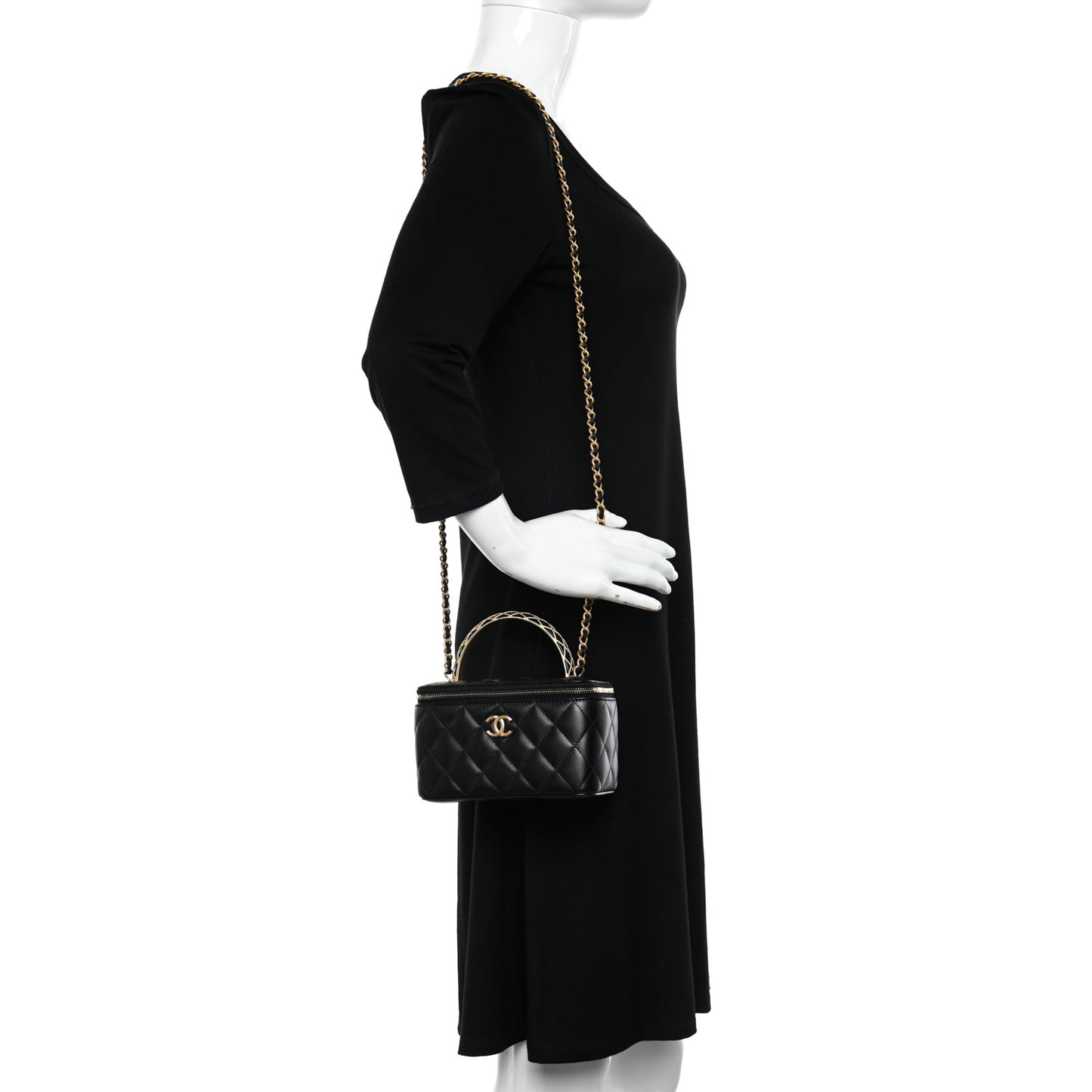 Lambskin Quilted Metal Twist Small Top Handle Vanity Case With Chain Black