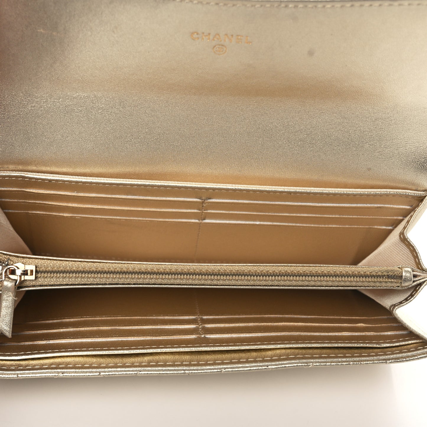 Metallic Lambskin Quilted Large Gusset Flap Wallet Gold