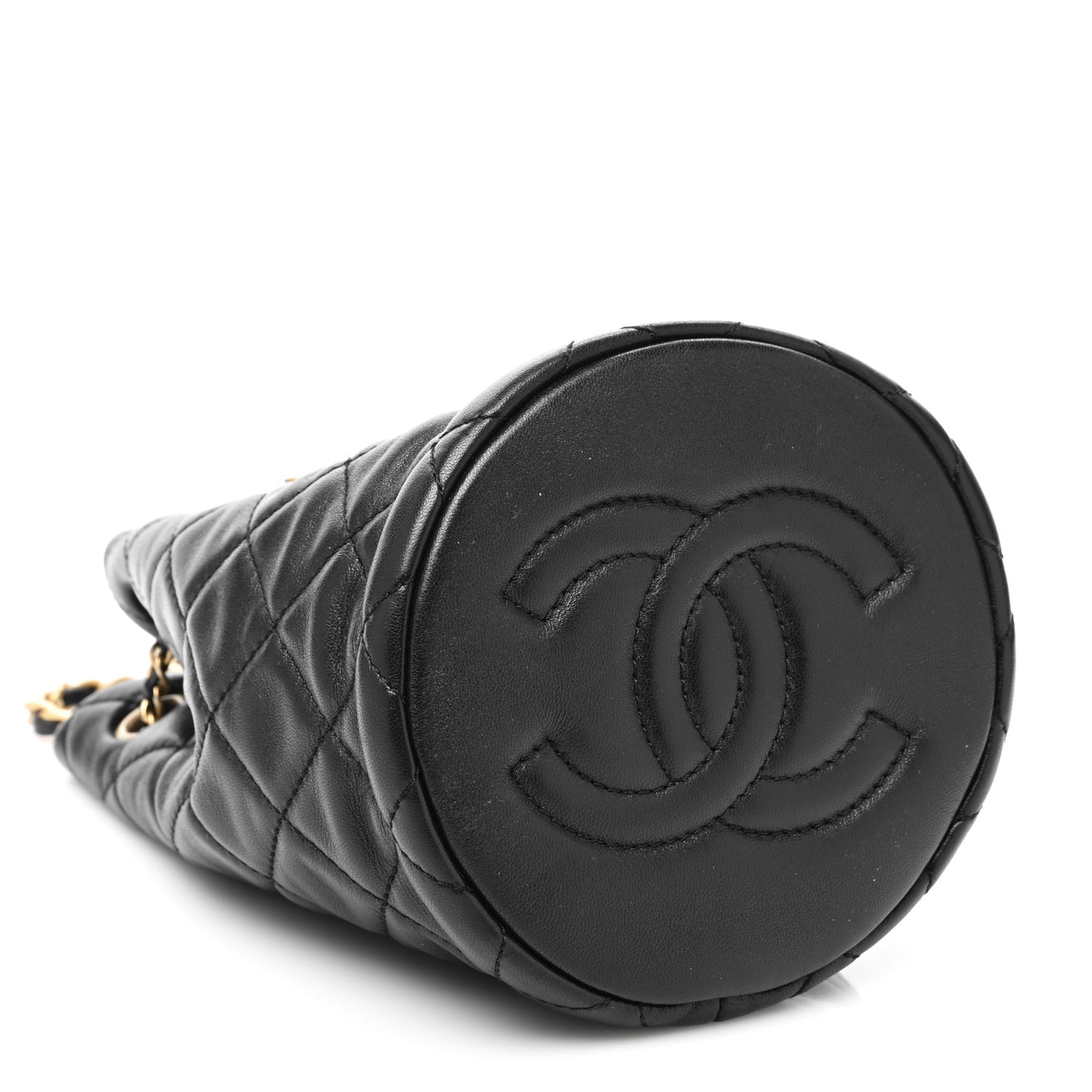 Lambskin Quilted Pearl Crush Drawstring Bag Black