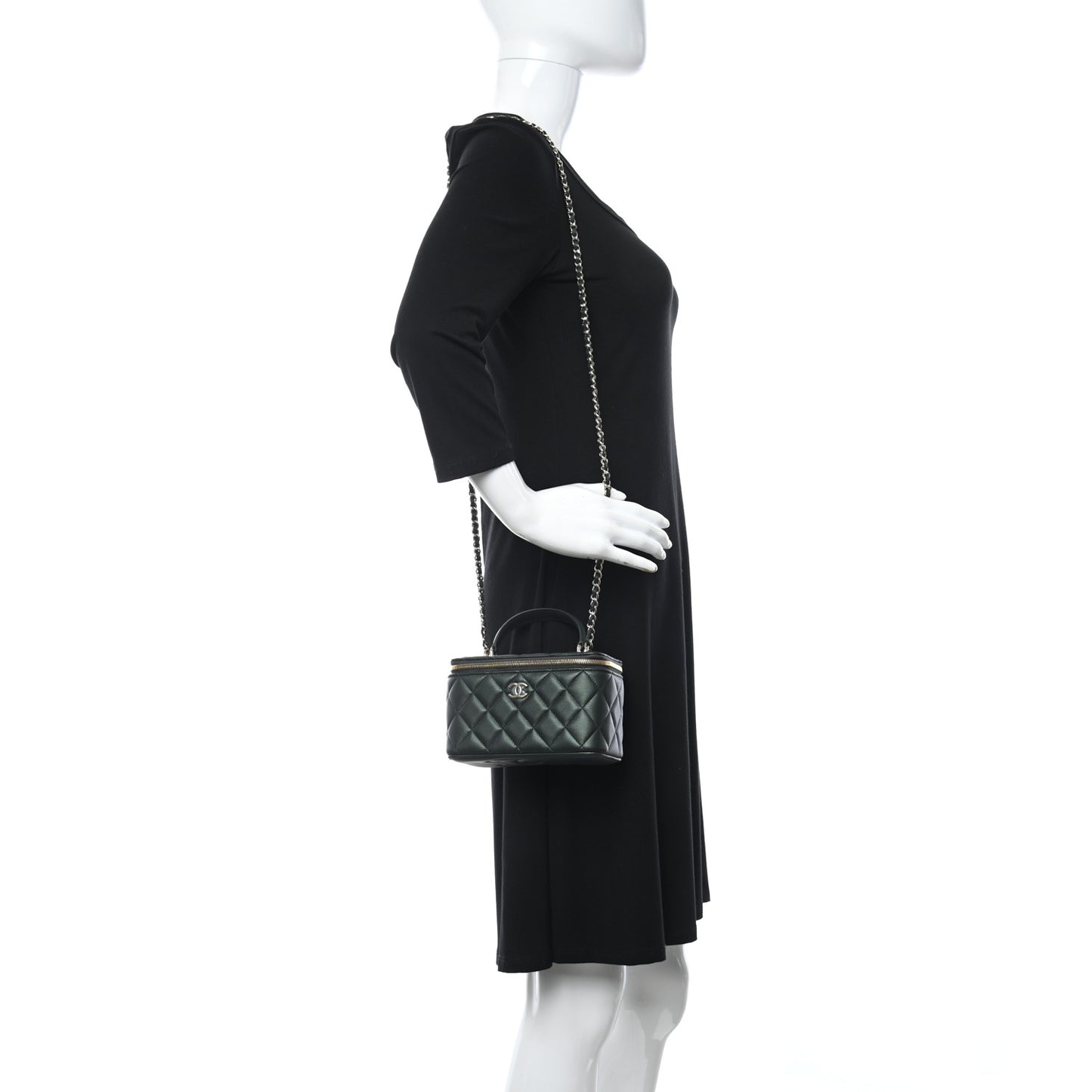 Iridescent Lambskin Quilted Small Top Handle Vanity Case With Chain Dark Green