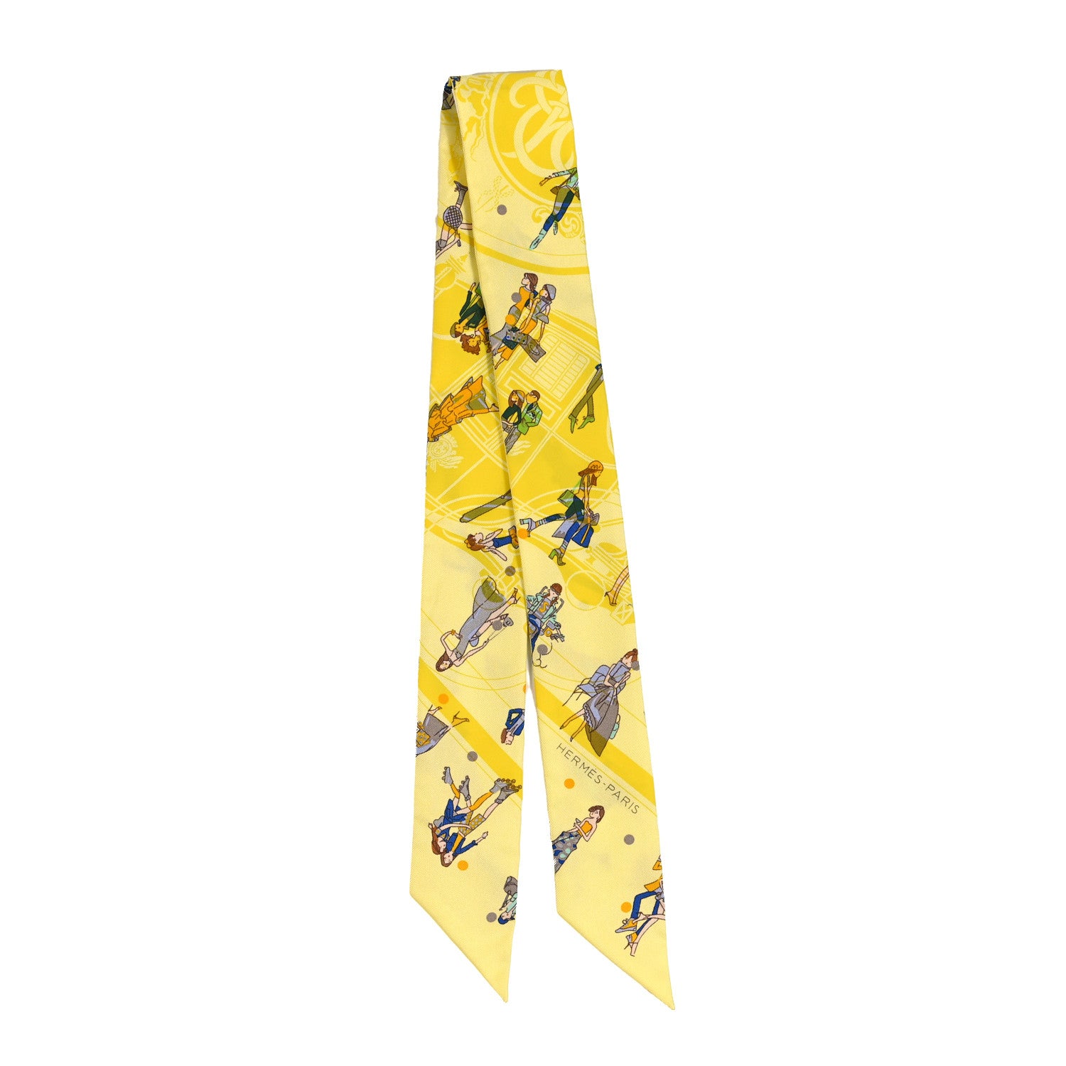 Hermes Silk Ex-Libris Les Parisie Twilly Jaune Soufre Gris 2 of 3