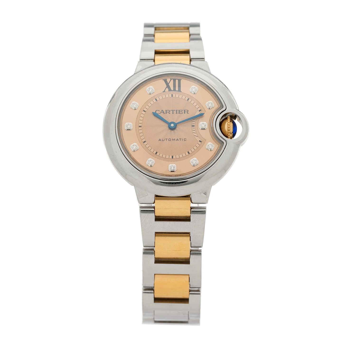 Stainless Steel 18K Pink Gold Diamond 33mm Ballon Bleu De Cartier Automatic Watch Champagne