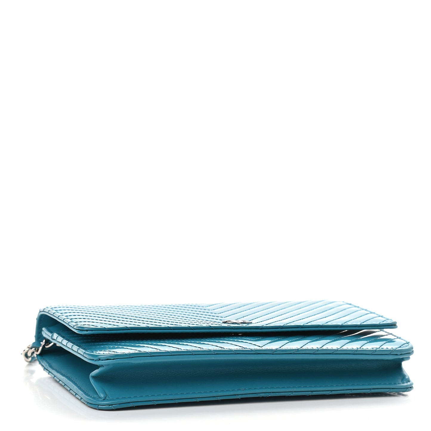 Patent Calfskin Chevron Quilted Wallet On Chain WOC Blue