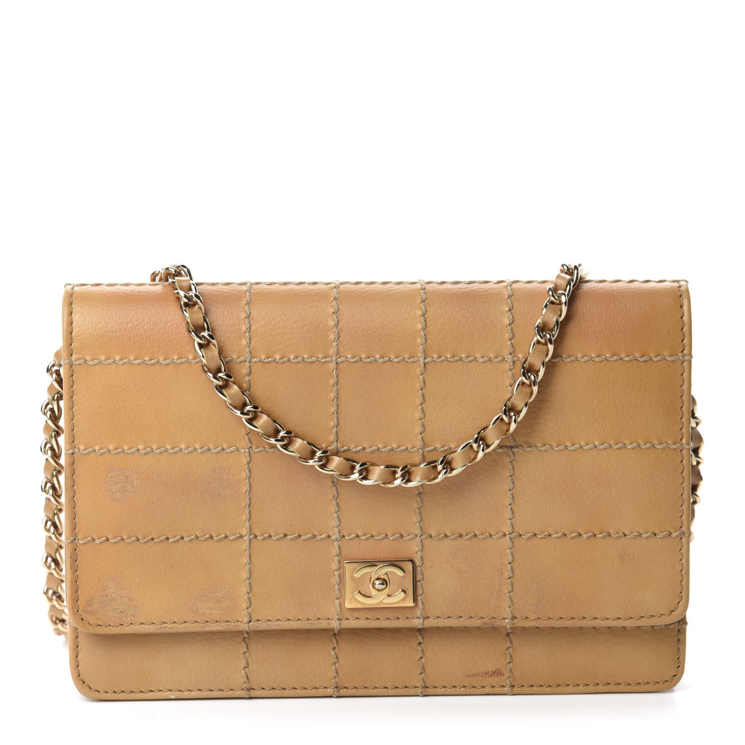 Chanel Calfskin Stitched Square Quilted Wallet On Chain WOC Beige 1 of 16