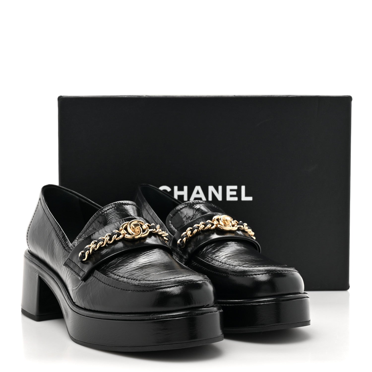 Chanel Shiny Calfskin Logo Loafers 38 Black 9 of 9