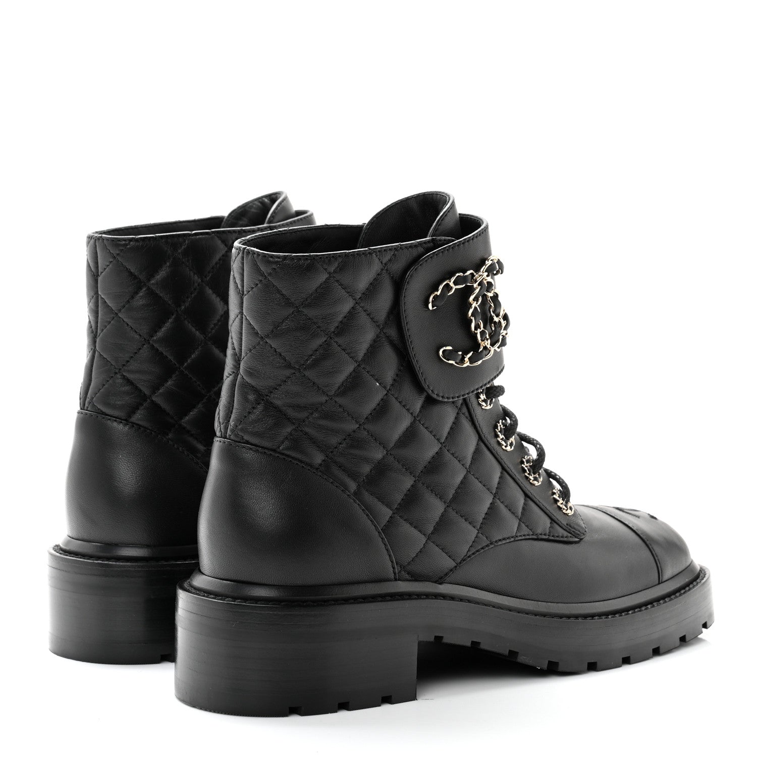 Chanel Shiny Lambskin Quilted Lace Up Combat Boots 38 Black 4 of 10
