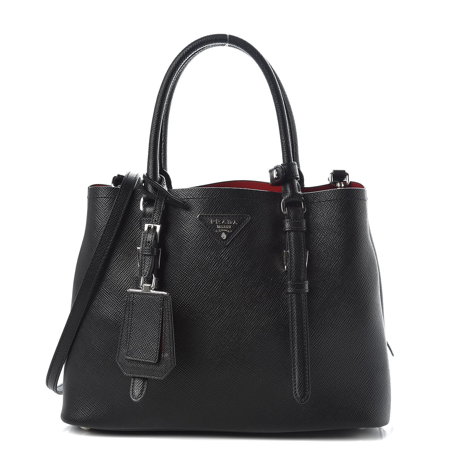 Prada Saffiano Cuir Small Double Handle Tote Black Fuoco 1 of 8