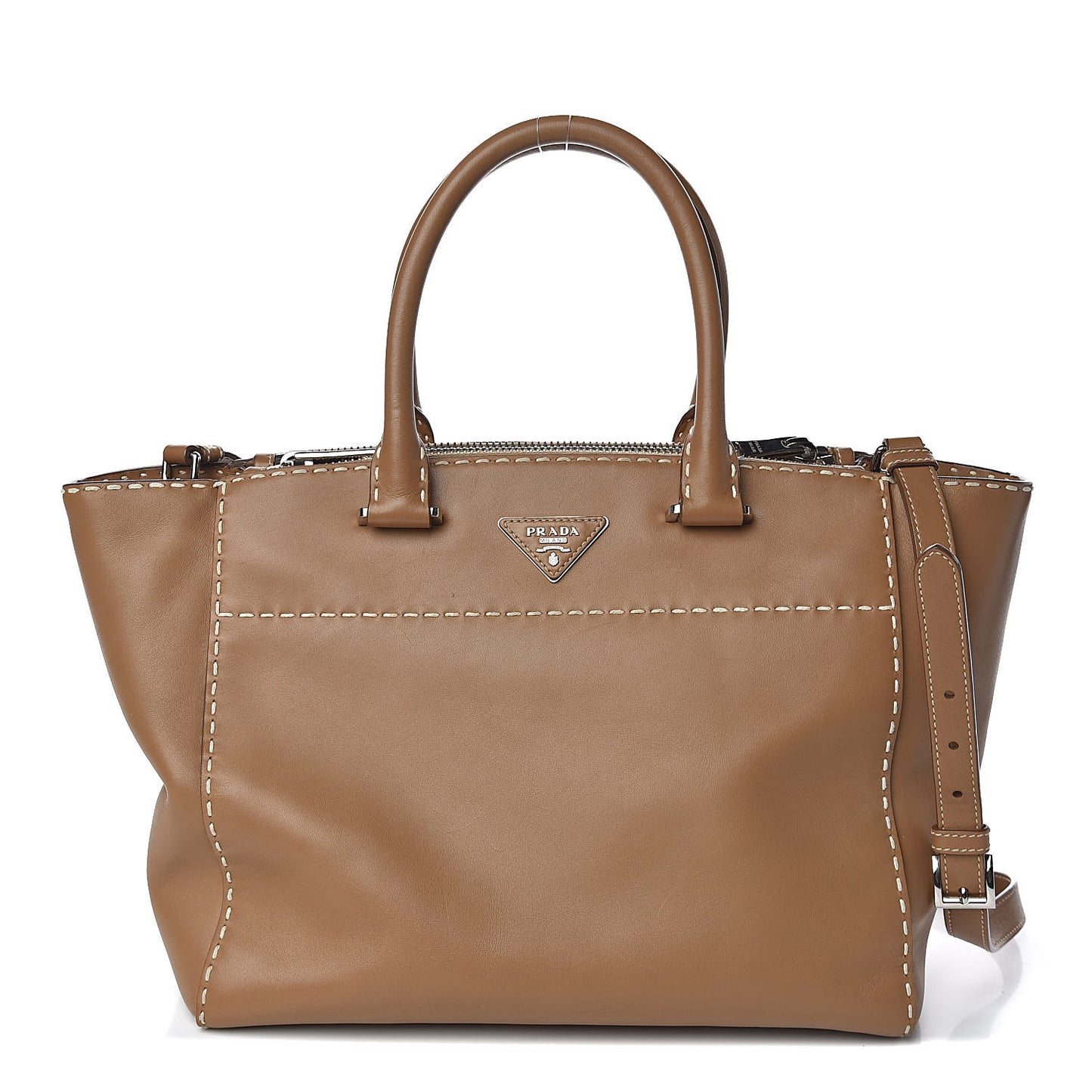 City Calf Small Hand Stitched Galleria Double Zip Tote Caramel