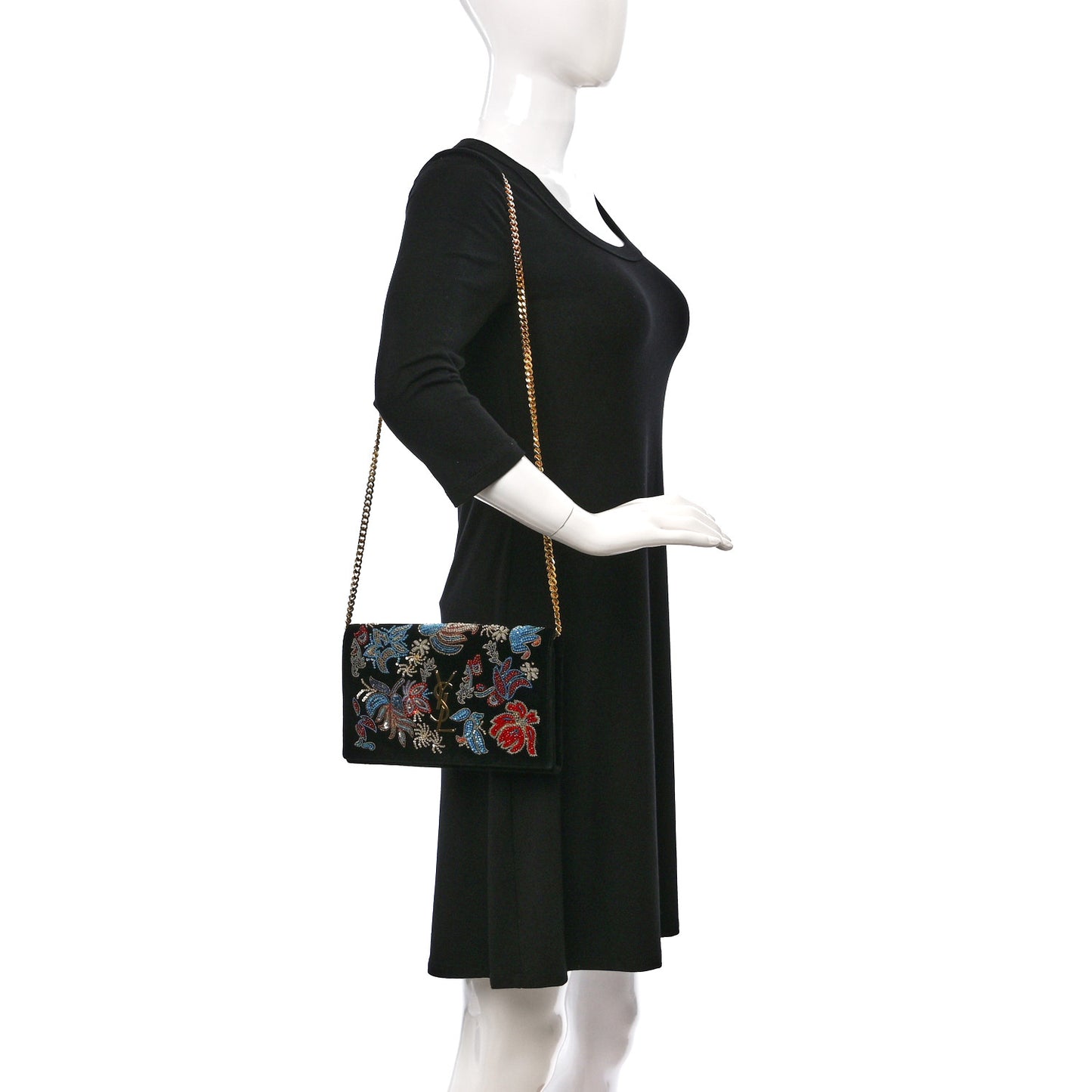 Suede Embroidered Birds Monogram Chain Wallet Black