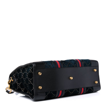 Gucci Velvet GG Monogram Textured Calfskin Web Medium Duffle Bag Blue Beige Black 4 of 11