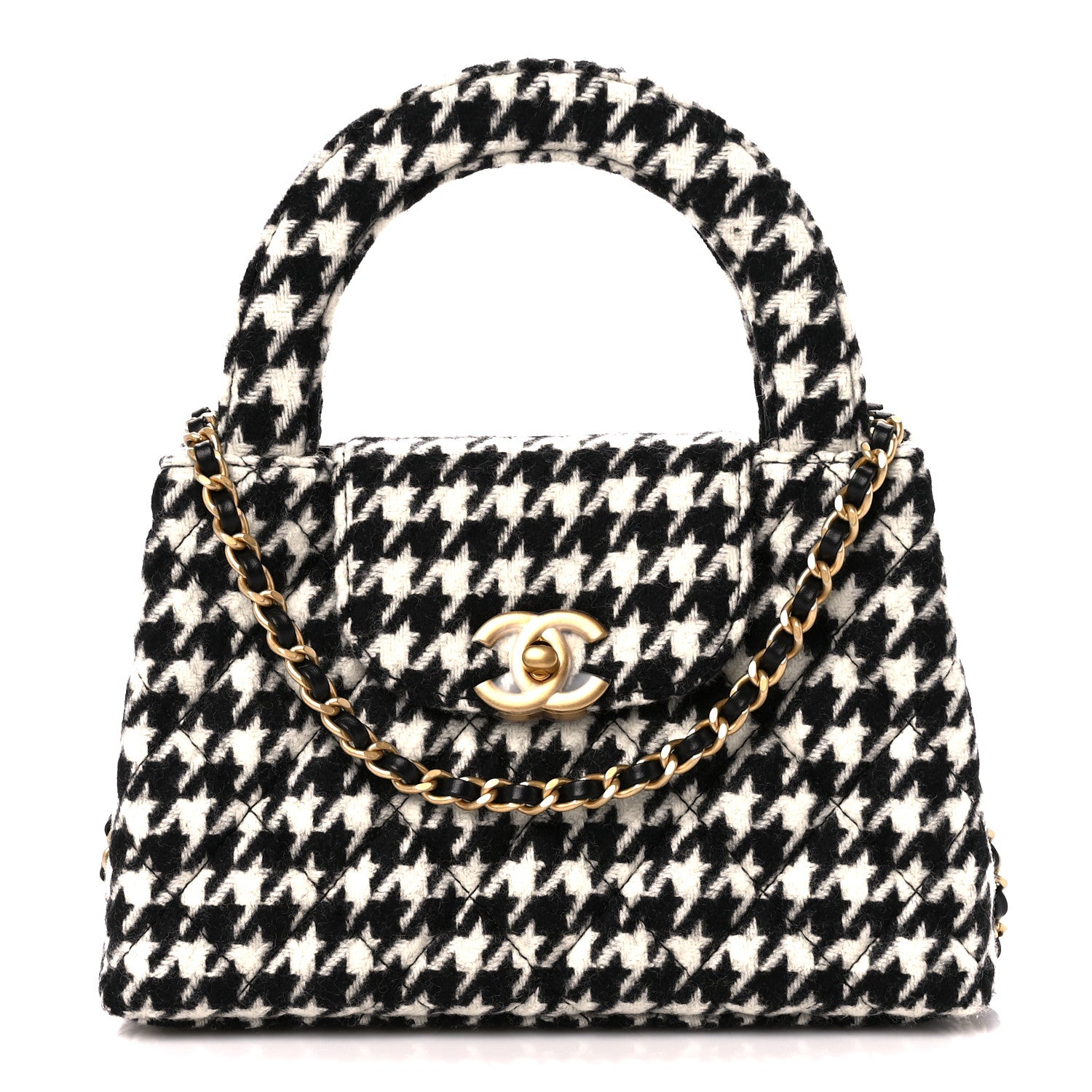 Chanel Tweed Houndstooth Quilted Nano Kelly Shopper Black White 1 of 11