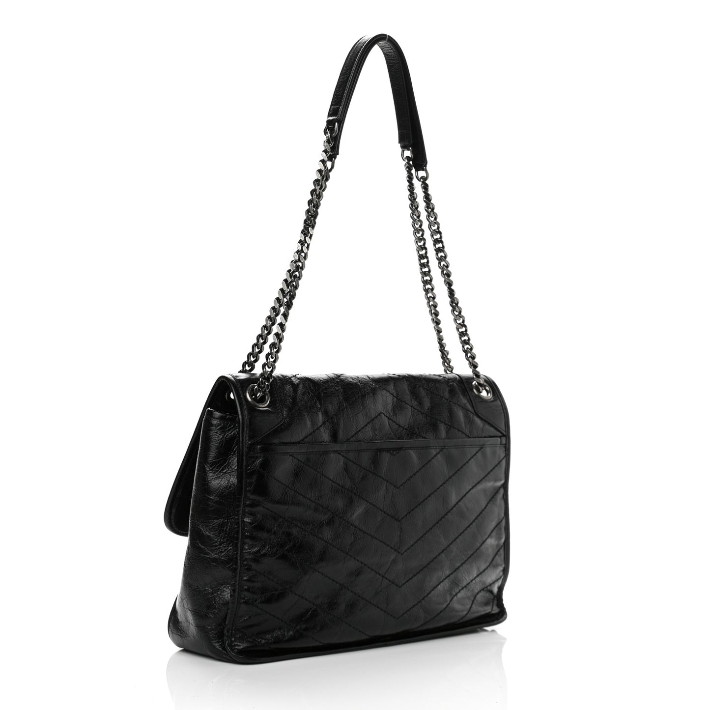 Crinkled Calfskin Matelasse Monogram Large Niki Chain Satchel Black