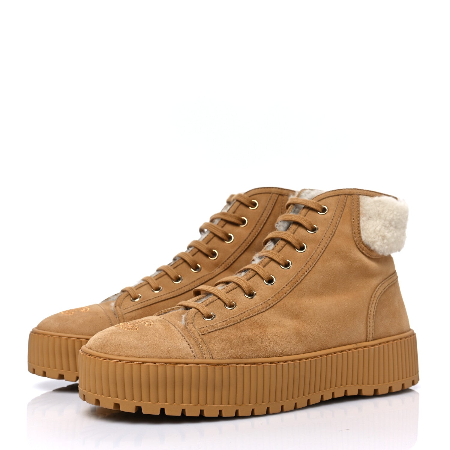 Chanel Kid Suede Shearling Sheepskin Lace Up Boots 41 Beige Ivory 3 of 8