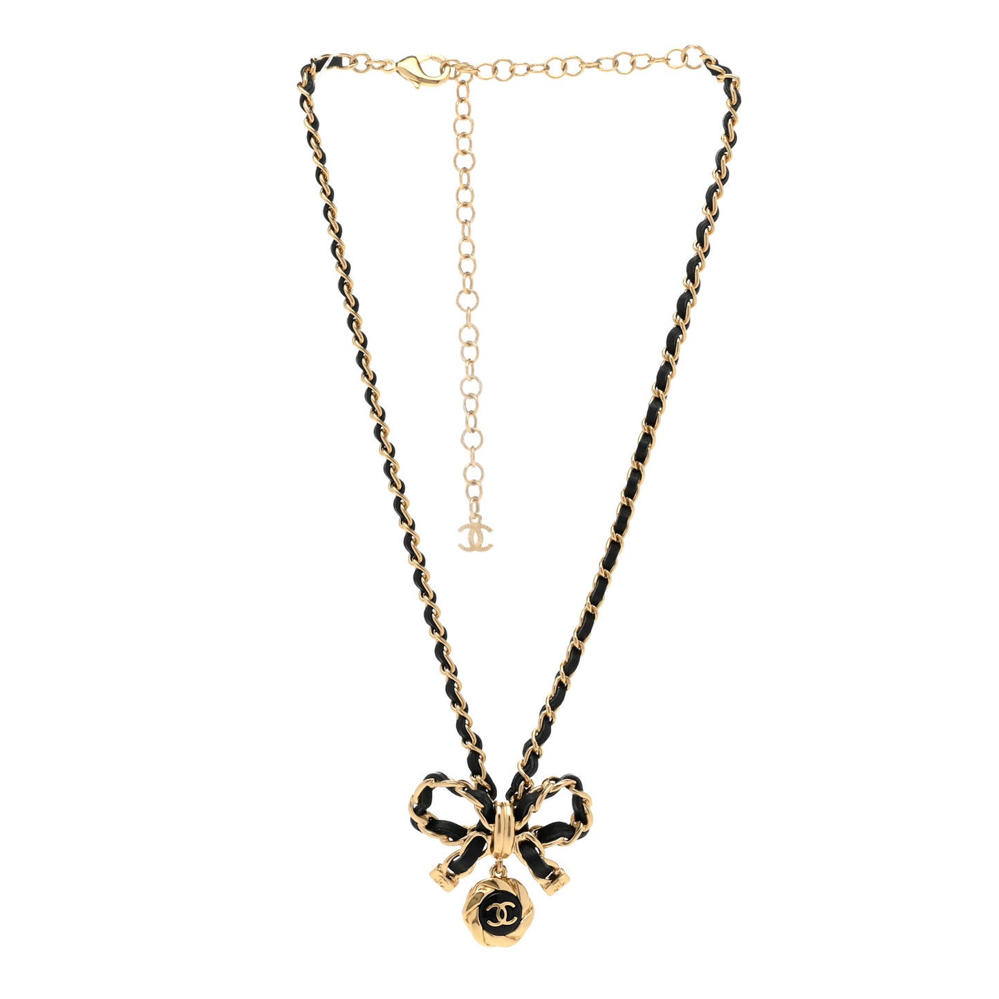 Metal Lambskin Chain CC Bow Necklace Black Gold