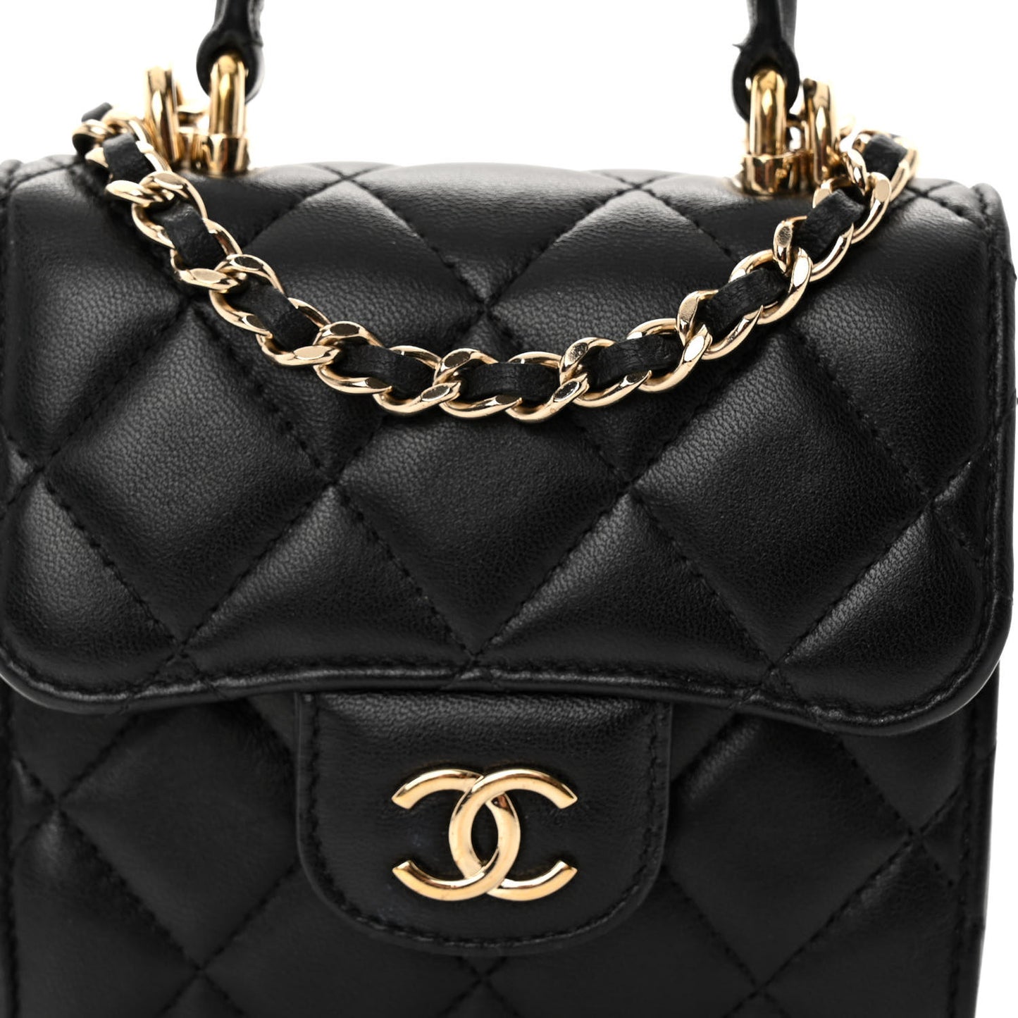 Lambskin Quilted Top Handle Flap Clutch With Chain Black