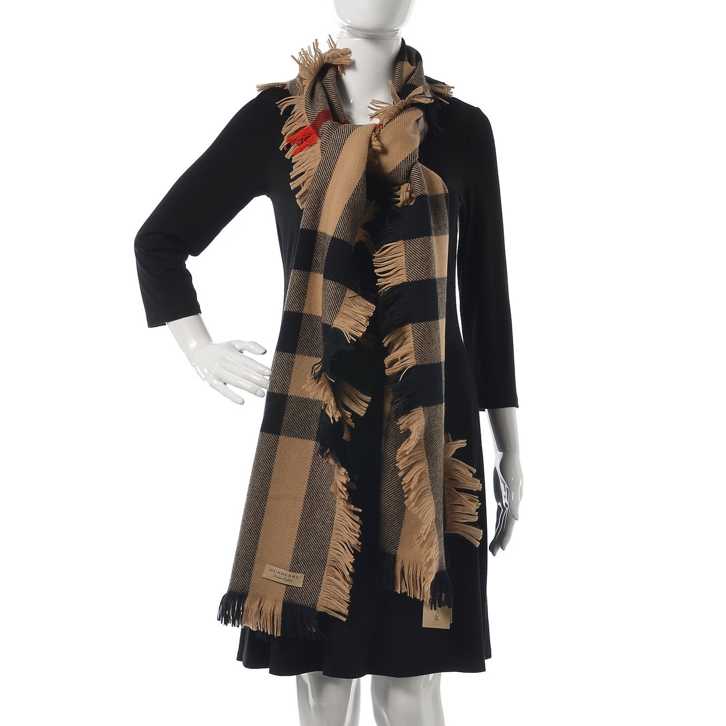Wool Half Mega Check Fringe Scarf Camel