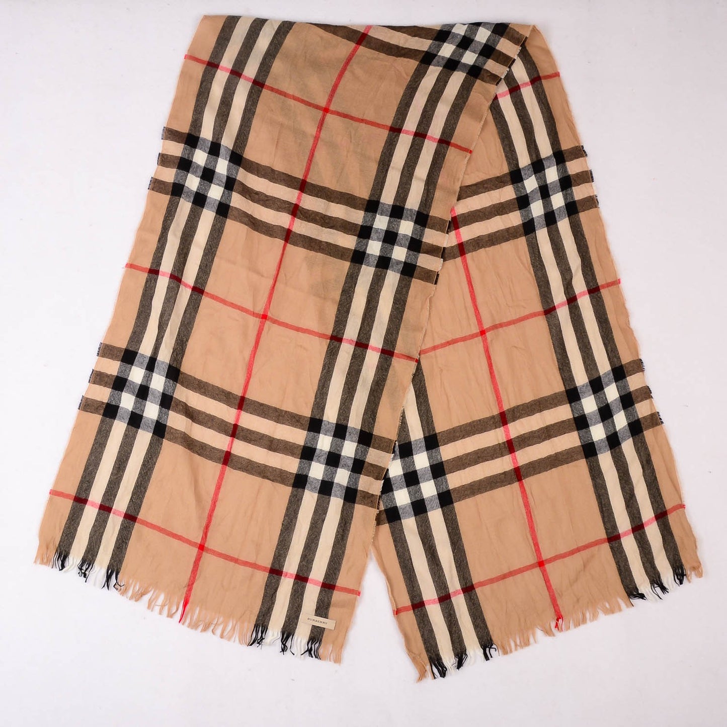 Wool Cashmere Giant Check Crinkle Scarf Camel