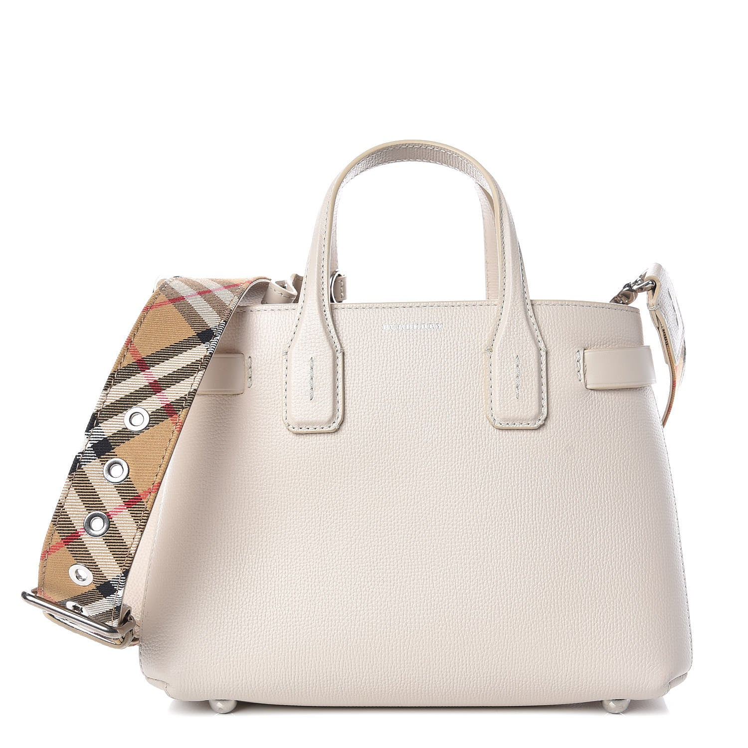 Burberry Grainy Calfskin House Check Small Banner Tote Limestone 1 of 9
