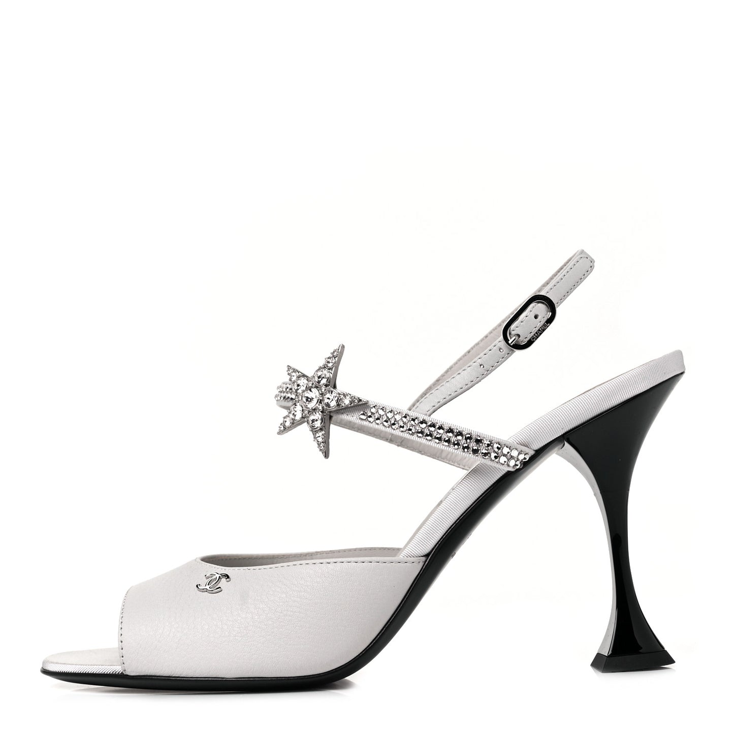 Grained Calfskin Strass CC Sandals 37.5 Light Gray