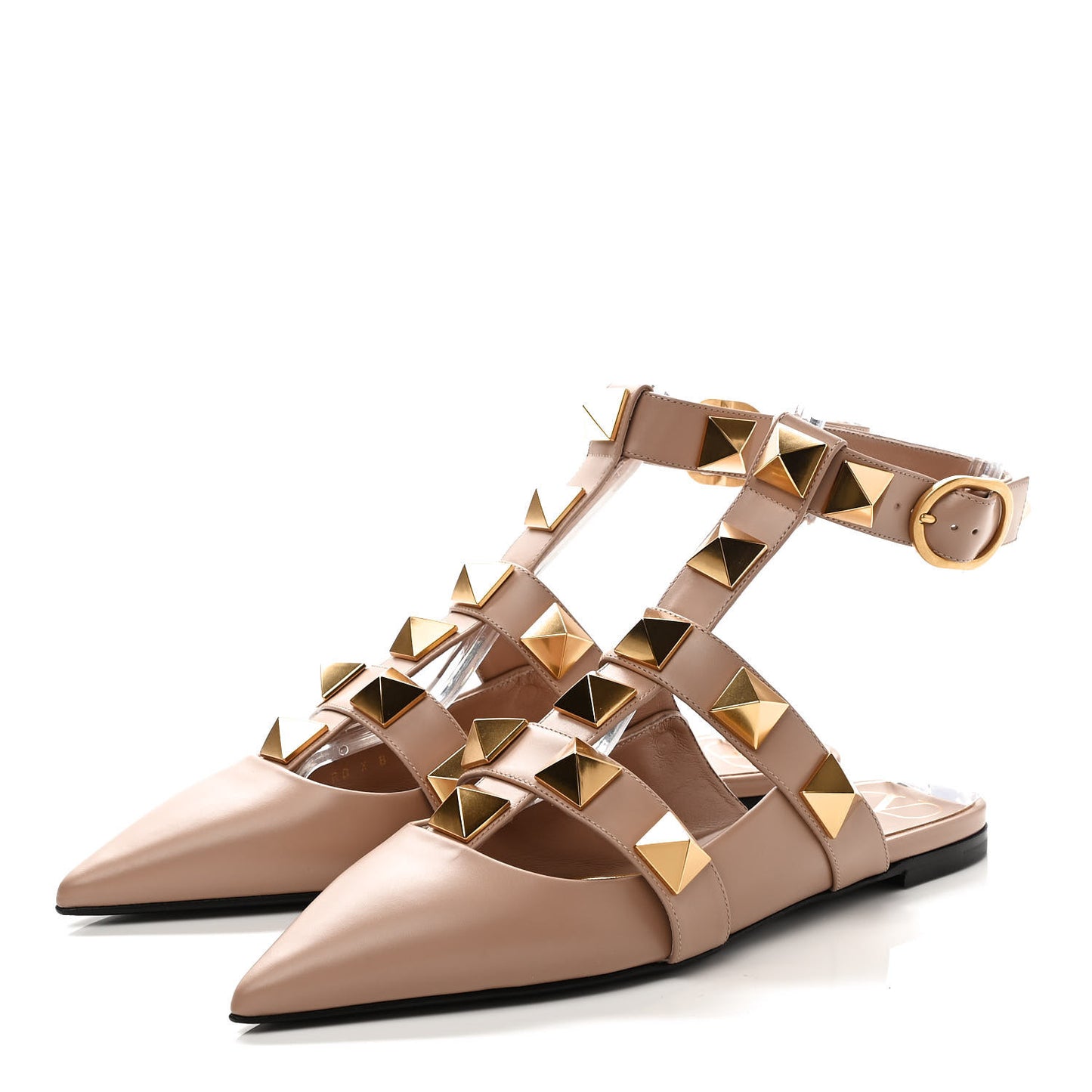 Calfskin Roman Stud Ankle Strap Flat Mules 38.5 Rose Cannelle