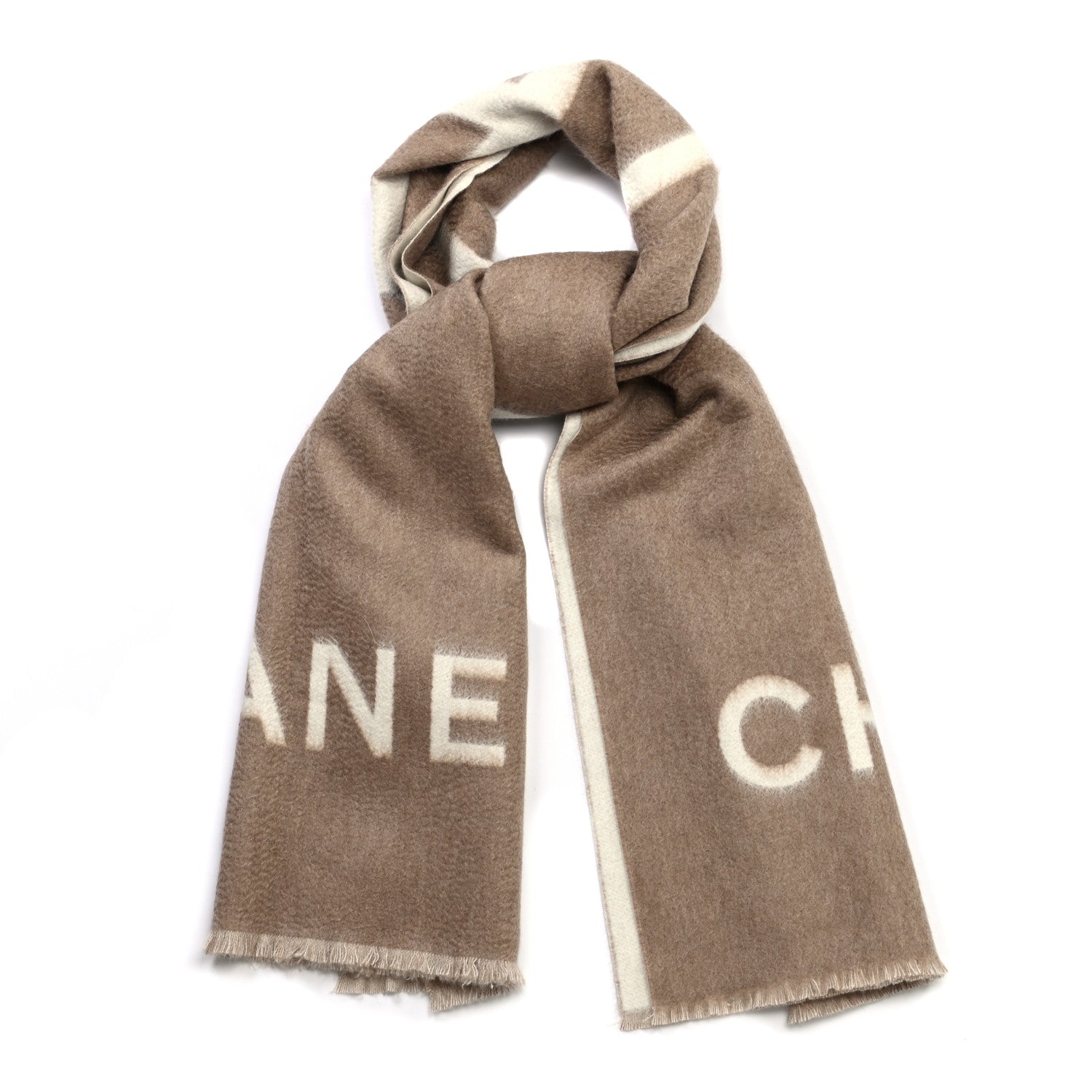 Chanel Cashmere CC Fringe Stole Beige White 1 of 3