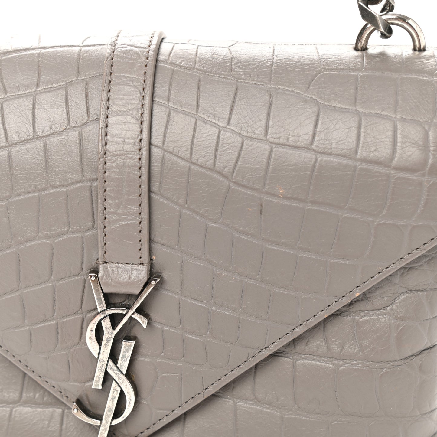 Calfskin Crocodile Embossed Medium College Monogram Satchel Gray