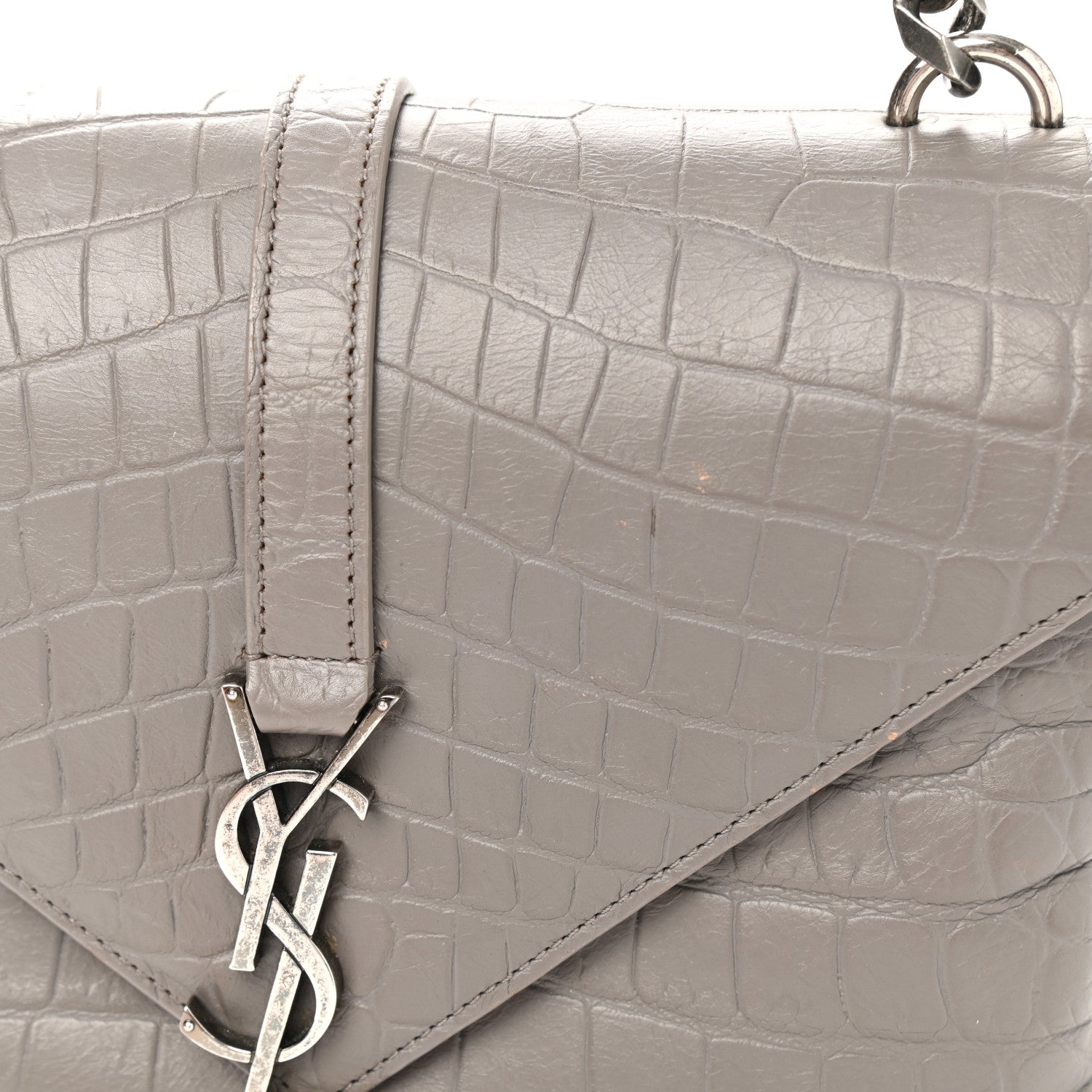 Saint Laurent Calfskin Crocodile Embossed Medium College Monogram Satchel Gray 11 of 13