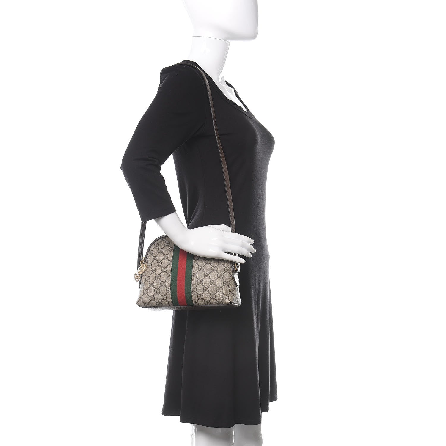 Gucci GG Supreme Monogram Textured Dollar Calfskin Web Small Ophidia Dome Shoulder Bag Beige Ebony New Acero 2 of 10