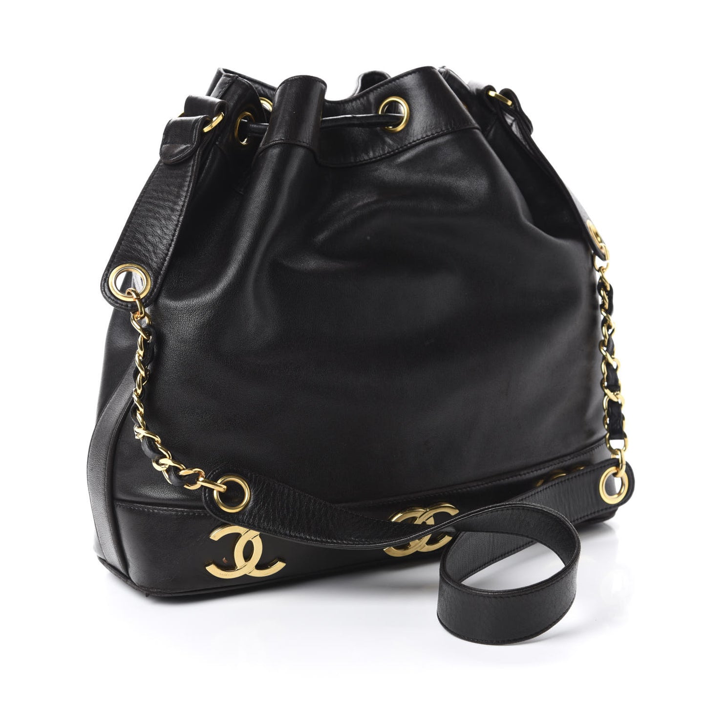 Lambskin Drawstring Bucket Bag Black