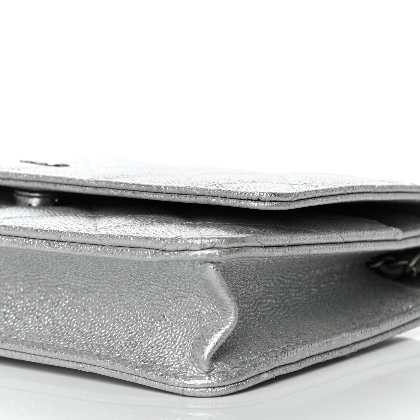 Glittered Metallic Caviar Quilted Wallet On Chain WOC Silver