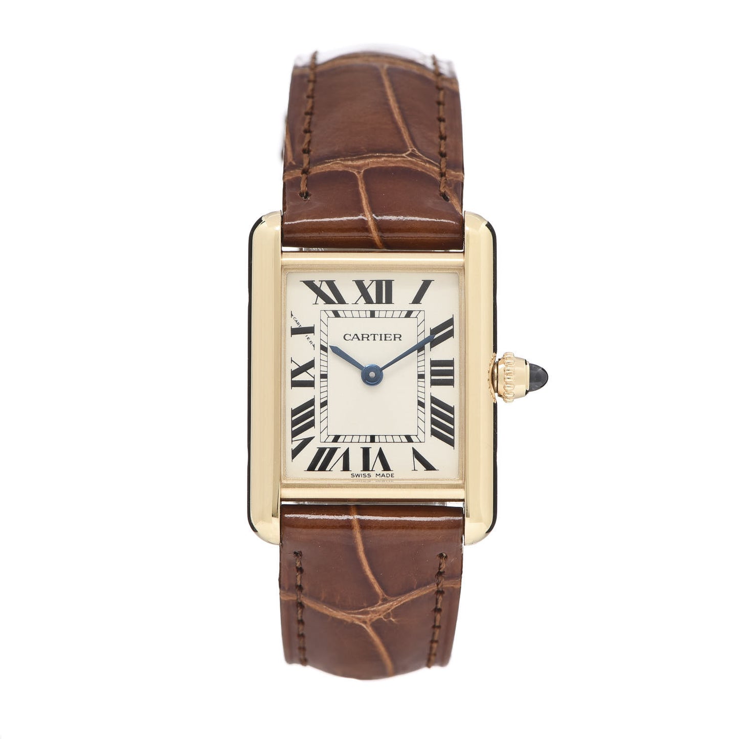 18K Yellow Gold Alligator 22mm Tank Louis Quartz Watch Brown