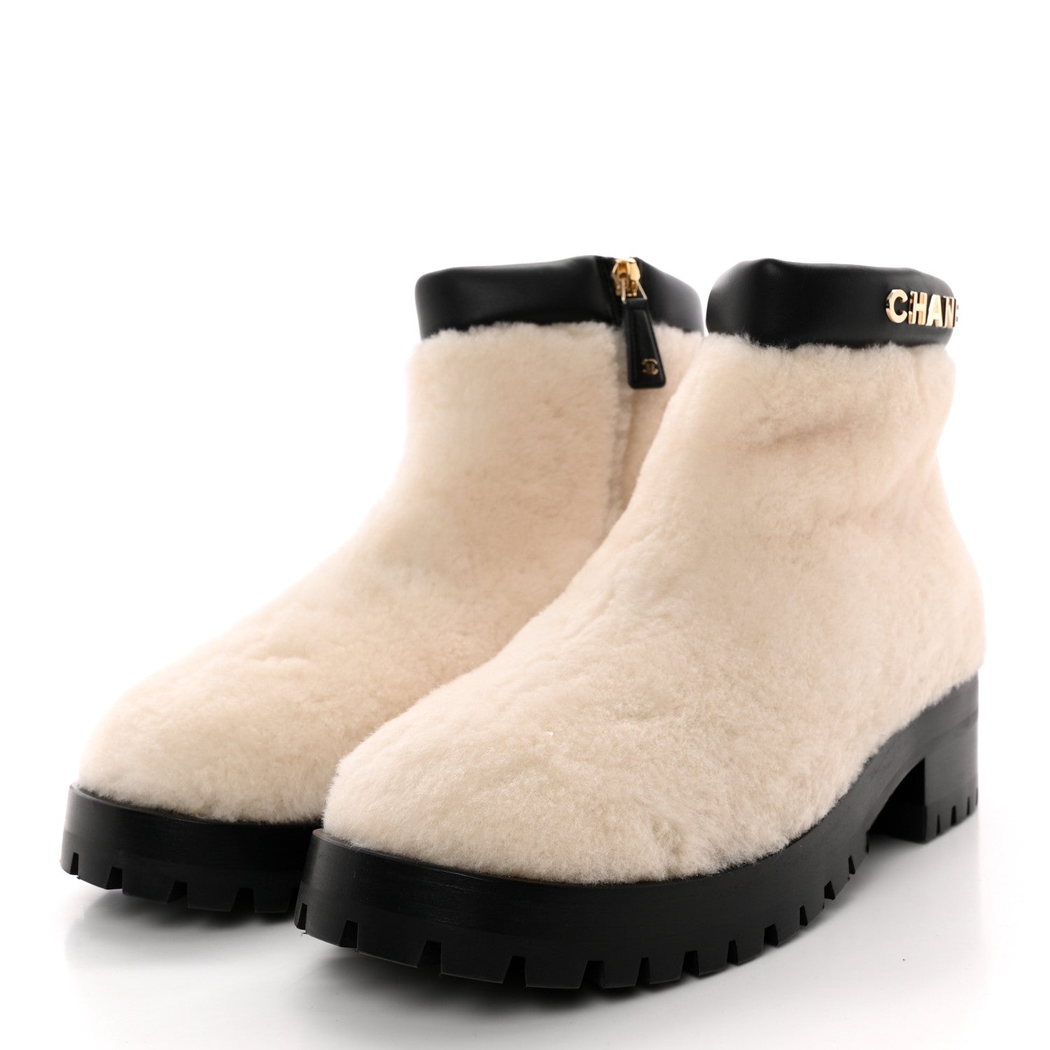 Chanel Shearling Lambskin Logo Ankle Boots 37.5 Ivory Black 3 of 11