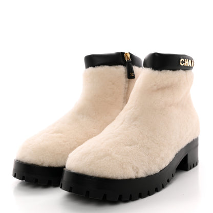 Chanel Shearling Lambskin Logo Ankle Boots 37.5 Ivory Black 3 of 11